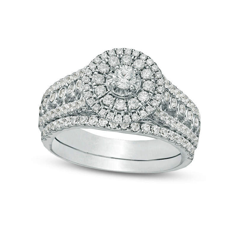 1.0 CT. T.W. Natural Diamond Double Frame Multi-Row Bridal Engagement Ring Set in Solid 10K White Gold