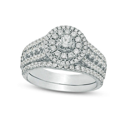 1.0 CT. T.W. Natural Diamond Double Frame Multi-Row Bridal Engagement Ring Set in Solid 10K White Gold