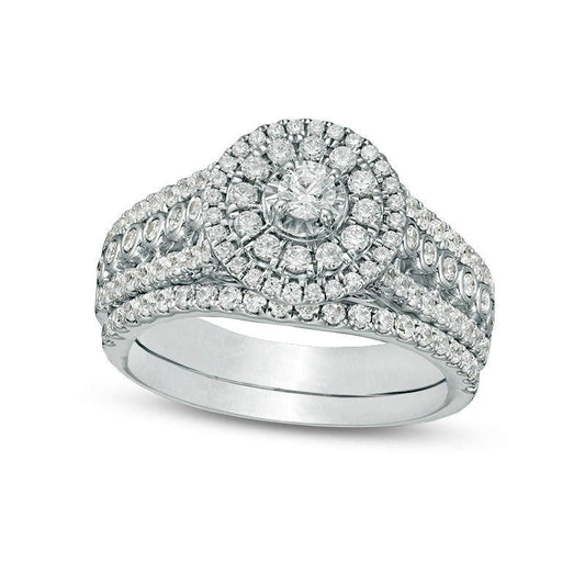 1.0 CT. T.W. Natural Diamond Double Frame Multi-Row Bridal Engagement Ring Set in Solid 10K White Gold