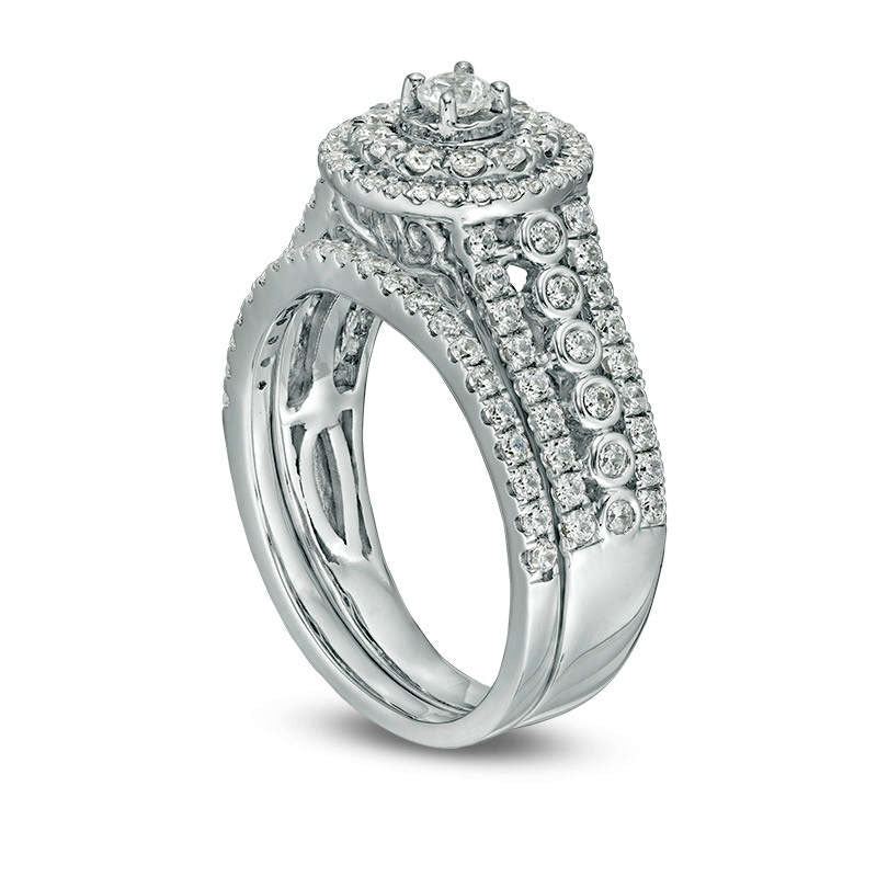 1.0 CT. T.W. Natural Diamond Double Frame Multi-Row Bridal Engagement Ring Set in Solid 10K White Gold