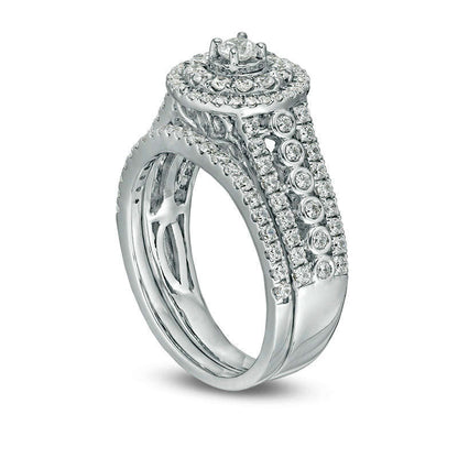 1.0 CT. T.W. Natural Diamond Double Frame Multi-Row Bridal Engagement Ring Set in Solid 10K White Gold