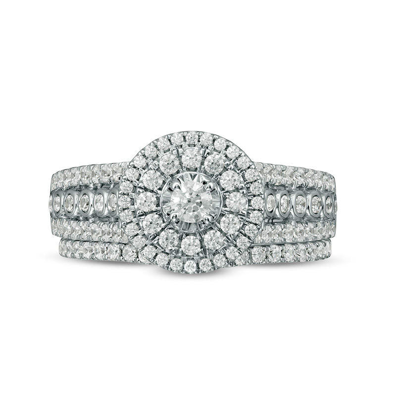 1.0 CT. T.W. Natural Diamond Double Frame Multi-Row Bridal Engagement Ring Set in Solid 10K White Gold