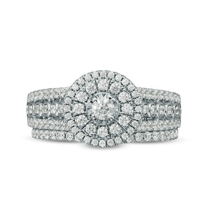 1.0 CT. T.W. Natural Diamond Double Frame Multi-Row Bridal Engagement Ring Set in Solid 10K White Gold