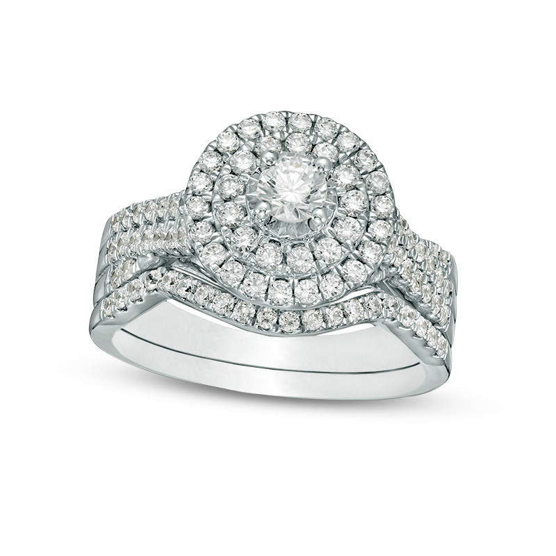 1.0 CT. T.W. Natural Diamond Double Frame Bridal Engagement Ring Set in Solid 10K White Gold