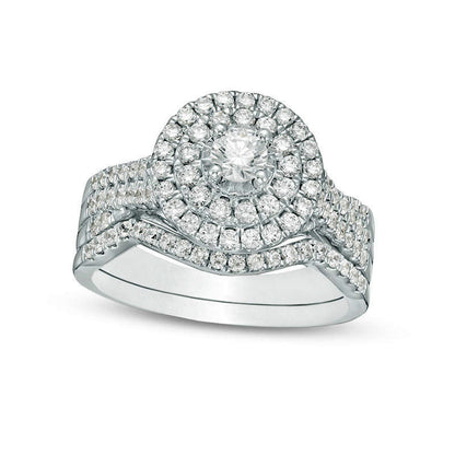 1.0 CT. T.W. Natural Diamond Double Frame Bridal Engagement Ring Set in Solid 10K White Gold