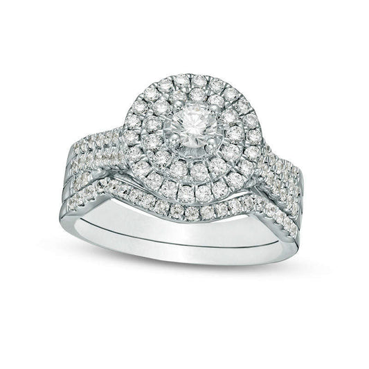 1.0 CT. T.W. Natural Diamond Double Frame Bridal Engagement Ring Set in Solid 10K White Gold