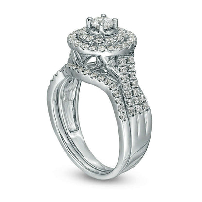 1.0 CT. T.W. Natural Diamond Double Frame Bridal Engagement Ring Set in Solid 10K White Gold