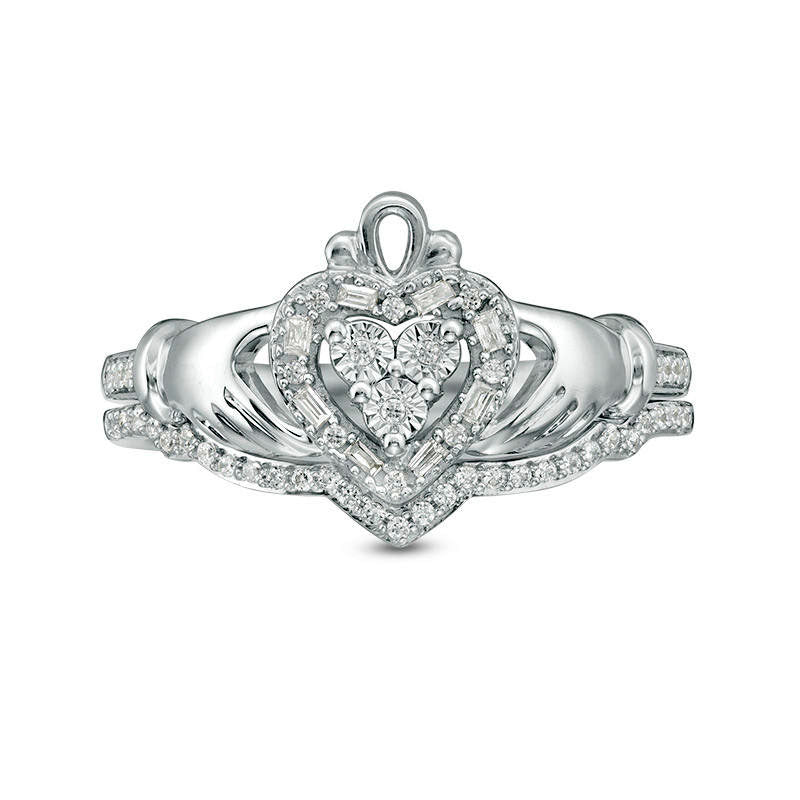 0.20 CT. T.W. Composite Natural Diamond Claddagh Bridal Engagement Ring Set in Sterling Silver