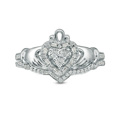 0.20 CT. T.W. Composite Natural Diamond Claddagh Bridal Engagement Ring Set in Sterling Silver
