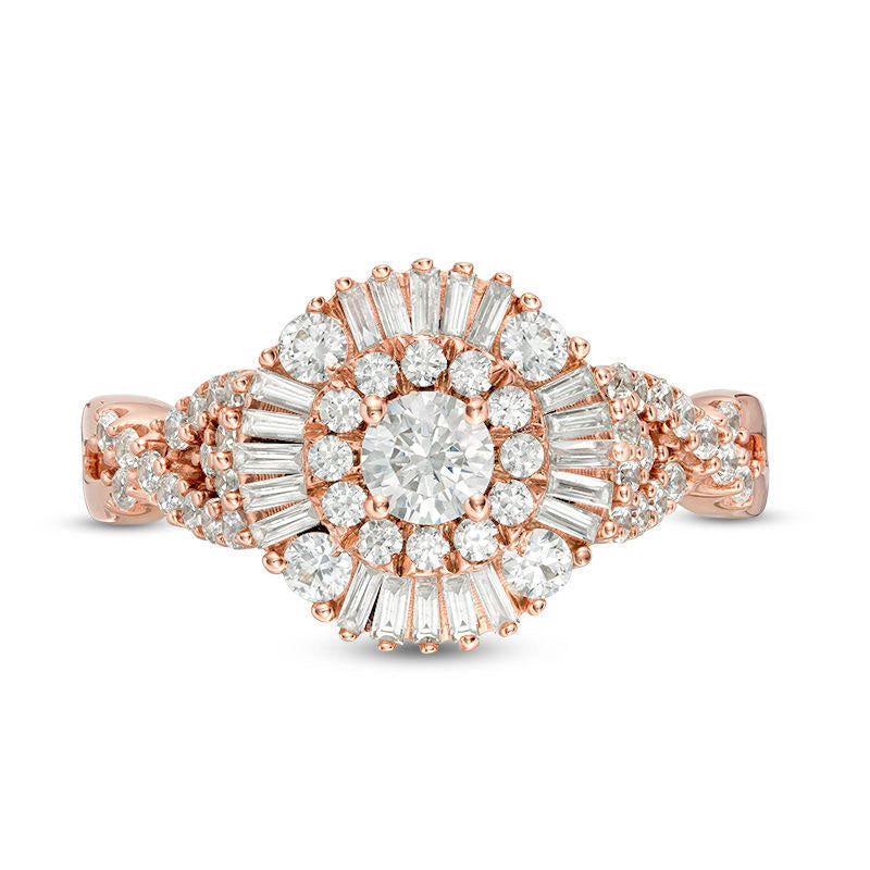 1.0 CT. T.W. Baguette and Round Natural Diamond Sunburst Frame Tri-Sides Engagement Ring in Solid 14K Rose Gold