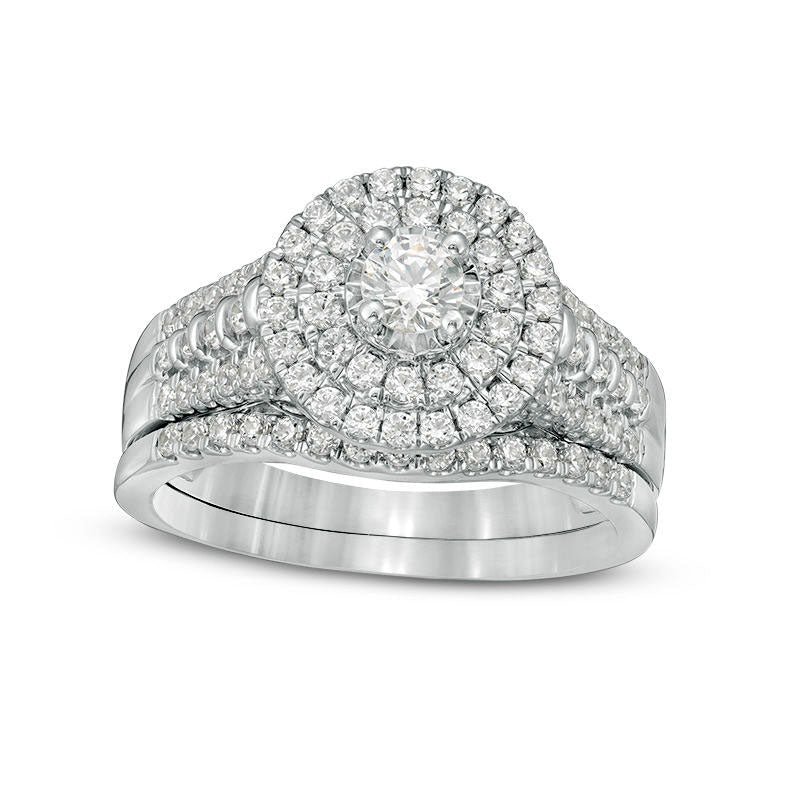 1.0 CT. T.W. Natural Diamond Double Frame Bridal Engagement Ring Set in Solid 10K White Gold