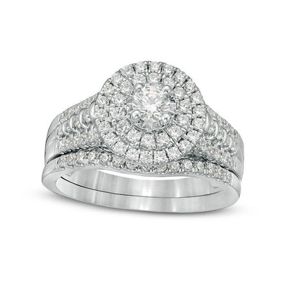 1.0 CT. T.W. Natural Diamond Double Frame Bridal Engagement Ring Set in Solid 10K White Gold