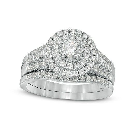 1.0 CT. T.W. Natural Diamond Double Frame Bridal Engagement Ring Set in Solid 10K White Gold