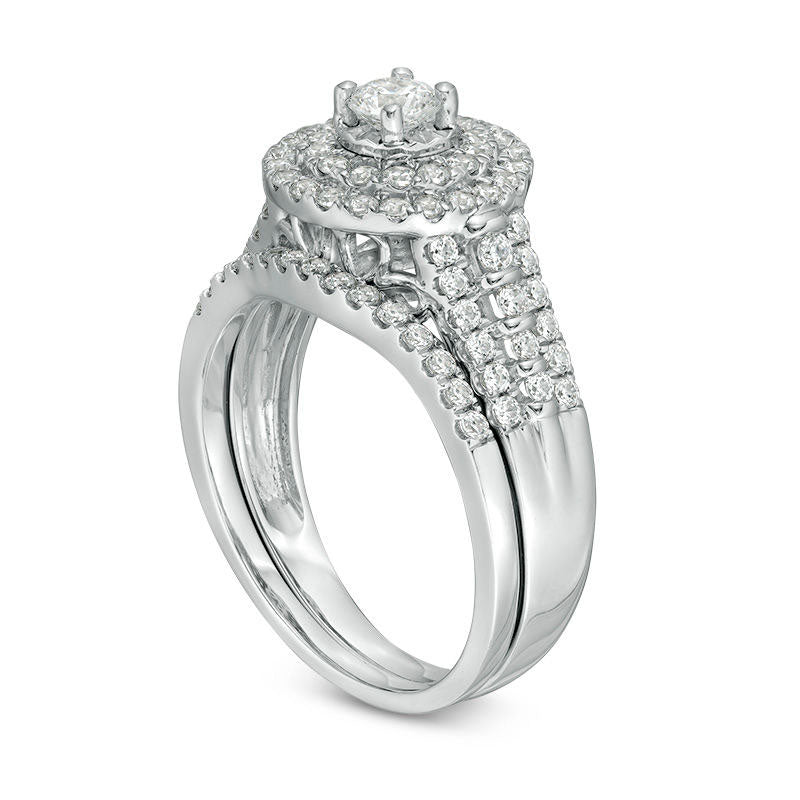1.0 CT. T.W. Natural Diamond Double Frame Bridal Engagement Ring Set in Solid 10K White Gold