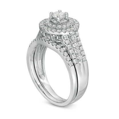 1.0 CT. T.W. Natural Diamond Double Frame Bridal Engagement Ring Set in Solid 10K White Gold