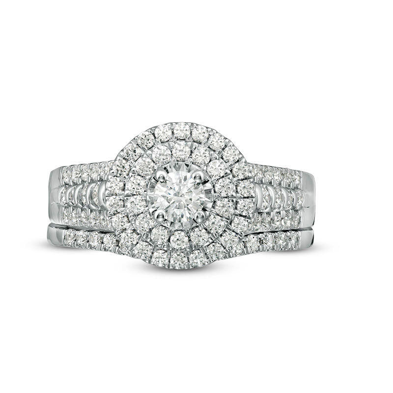 1.0 CT. T.W. Natural Diamond Double Frame Bridal Engagement Ring Set in Solid 10K White Gold