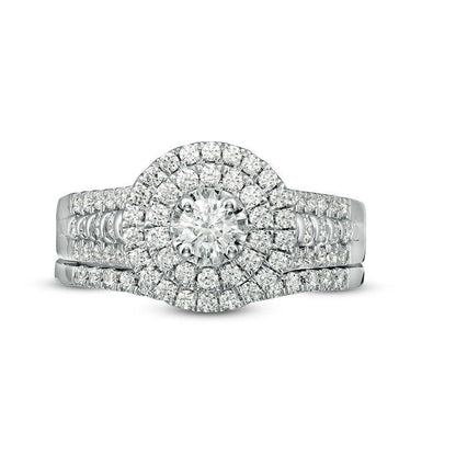 1.0 CT. T.W. Natural Diamond Double Frame Bridal Engagement Ring Set in Solid 10K White Gold