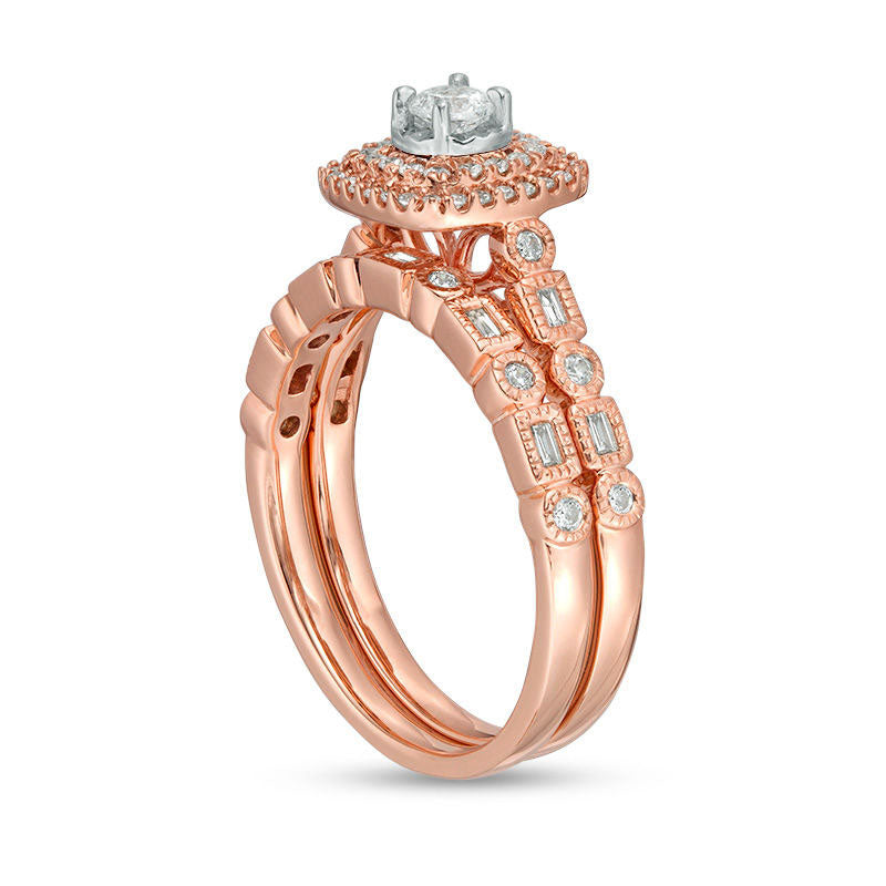 0.50 CT. T.W. Natural Diamond Double Cushion Frame Antique Vintage-Style Art Deco Bridal Engagement Ring Set in Solid 10K Rose Gold