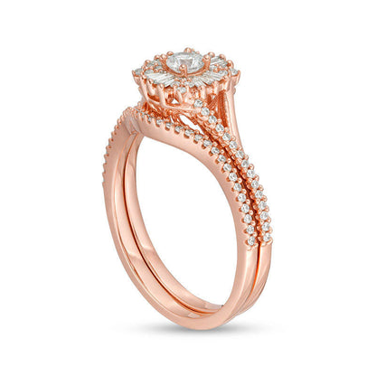 0.63 CT. T.W. Baguette and Round Natural Diamond Frame Bridal Engagement Ring Set in Solid 10K Rose Gold