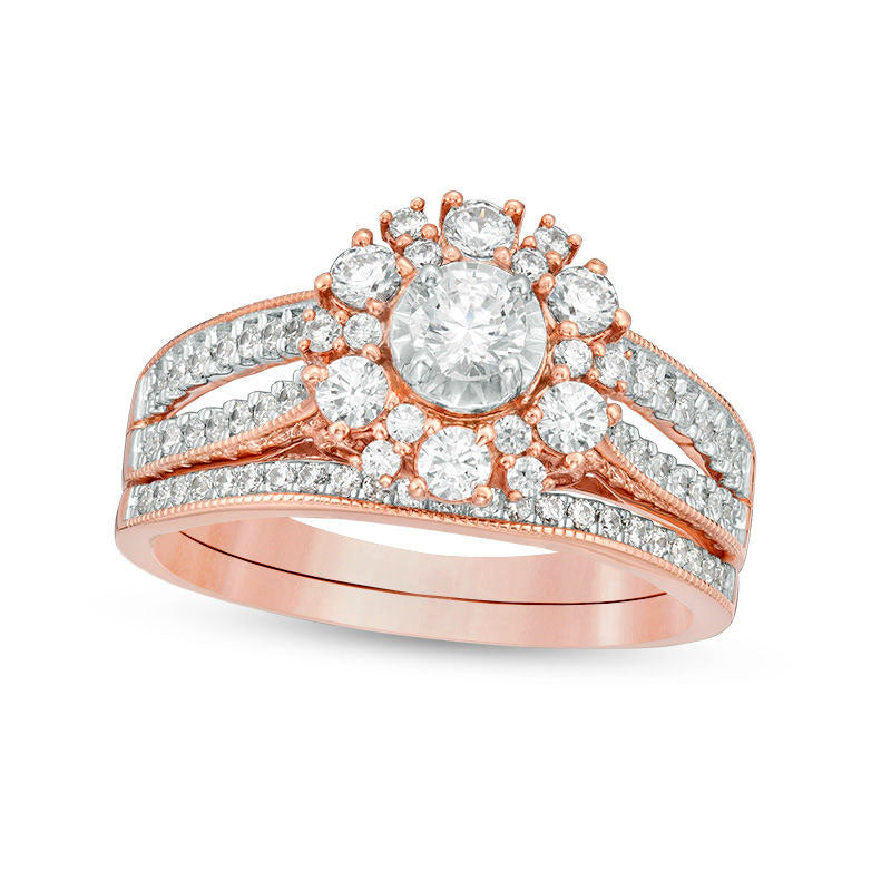 1.0 CT. T.W. Natural Diamond Flower Frame Antique Vintage-Style Bridal Engagement Ring Set in Solid 10K Rose Gold