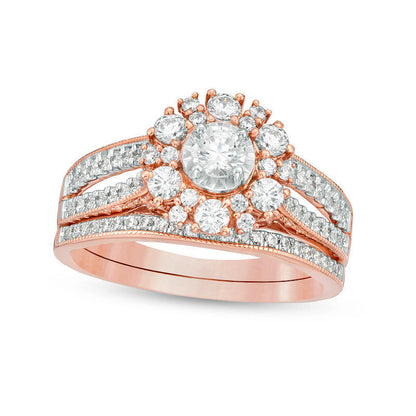 1.0 CT. T.W. Natural Diamond Flower Frame Antique Vintage-Style Bridal Engagement Ring Set in Solid 10K Rose Gold