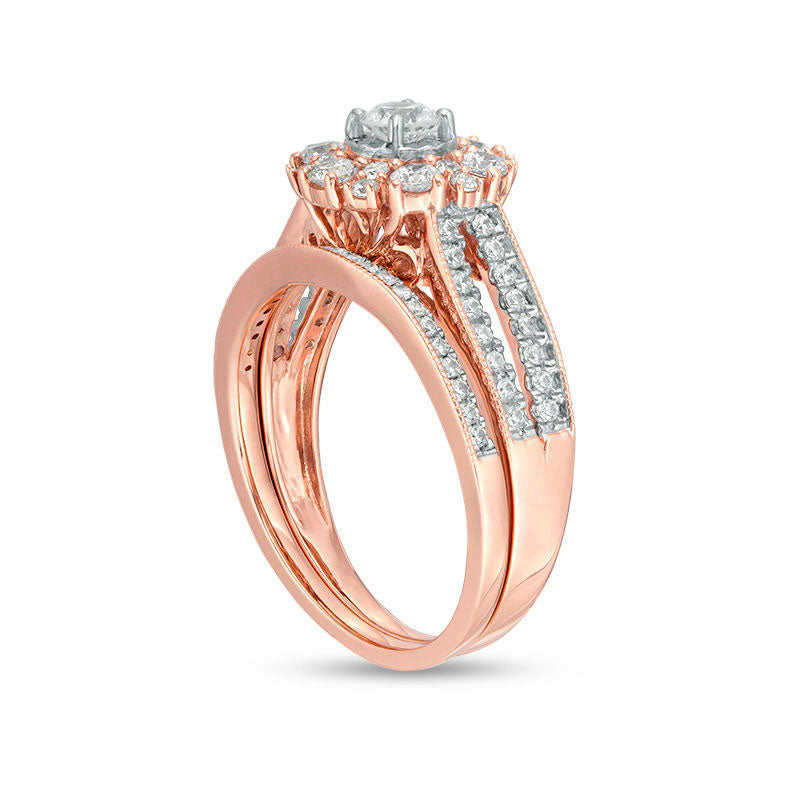 1.0 CT. T.W. Natural Diamond Flower Frame Antique Vintage-Style Bridal Engagement Ring Set in Solid 10K Rose Gold