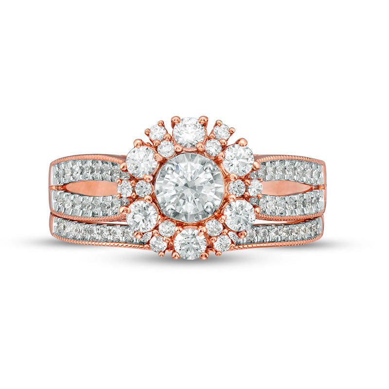 1.0 CT. T.W. Natural Diamond Flower Frame Antique Vintage-Style Bridal Engagement Ring Set in Solid 10K Rose Gold