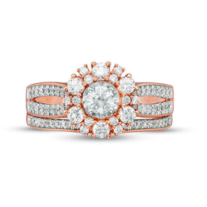 1.0 CT. T.W. Natural Diamond Flower Frame Antique Vintage-Style Bridal Engagement Ring Set in Solid 10K Rose Gold