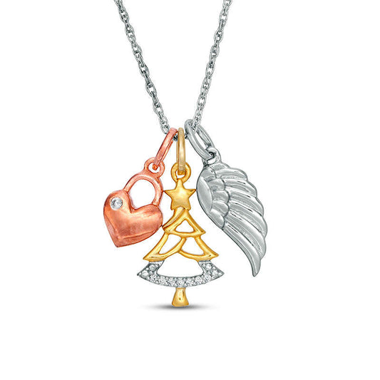Natural Diamond Accent Wing, Christmas Tree and Heart Charms Pendant in Sterling Silver and 14K Two-Tone Gold Plate