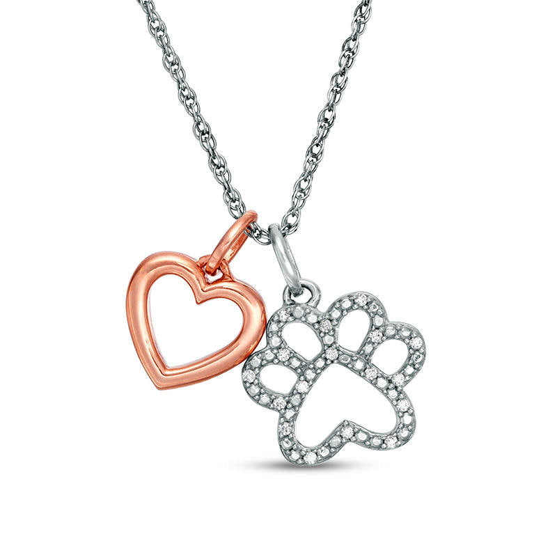 0.05 CT. T.W. Natural Diamond Paw Print and Heart Pendant in Sterling Silver and 14K Rose Gold Plate