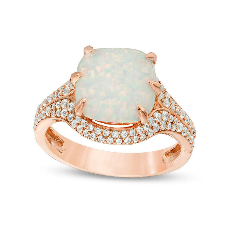10.0mm Cushion-Cut Lab-Created Opal and 0.38 CT. T.W. Diamond Ring in Solid 10K Rose Gold