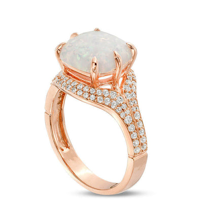 10.0mm Cushion-Cut Lab-Created Opal and 0.38 CT. T.W. Diamond Ring in Solid 10K Rose Gold