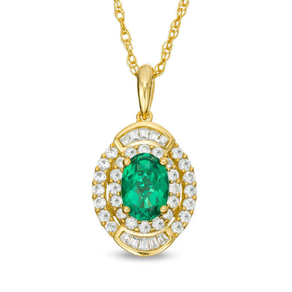 Oval Emerald and 0.33 CT. T.W. Natural Diamond Double Frame Pendant in 10K Yellow Gold