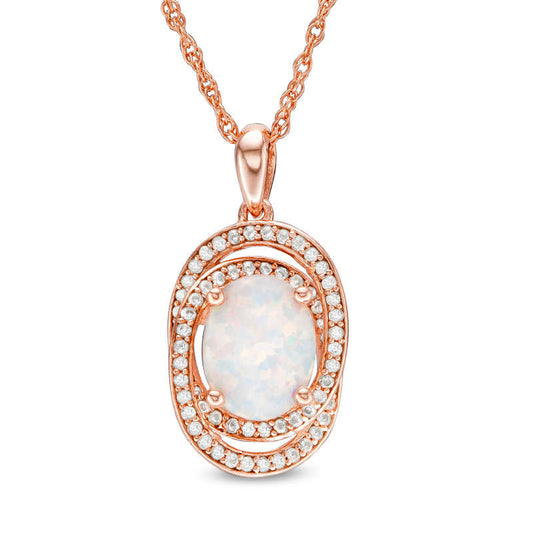 Oval Opal and 0.25 CT. T.W. Natural Diamond Orbit Frame Pendant in 10K Rose Gold