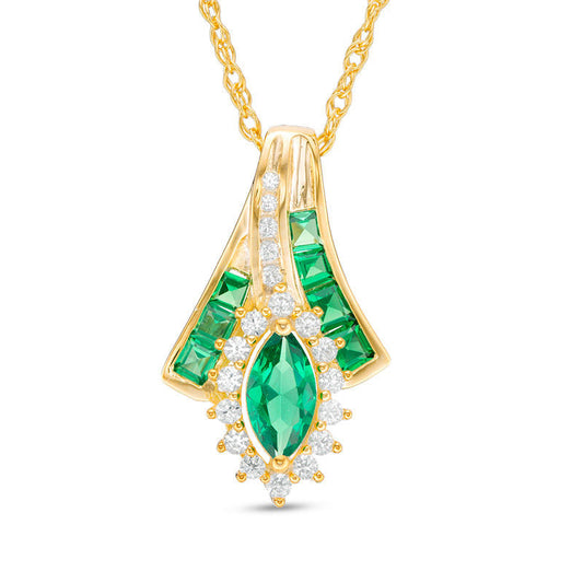Marquise Emerald and 0.17 CT. T.W. Natural Diamond Frame Bypass Pendant in 10K Yellow Gold