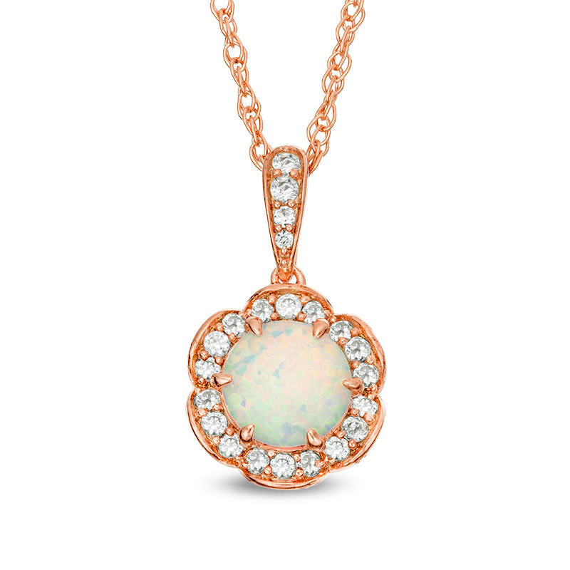 6.0mm Lab-Created Opal and White Sapphire Flower Frame Pendant in Sterling Silver with 14K Rose Gold Plate