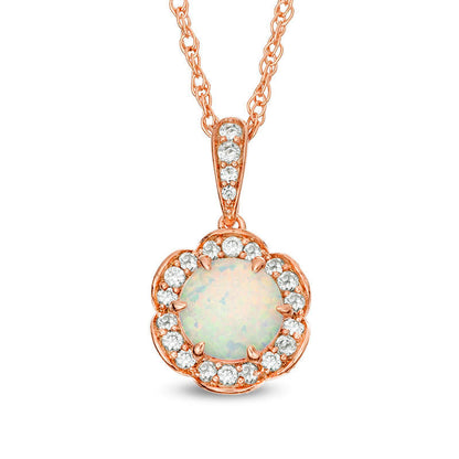 6.0mm Lab-Created Opal and White Sapphire Flower Frame Pendant in Sterling Silver with 14K Rose Gold Plate