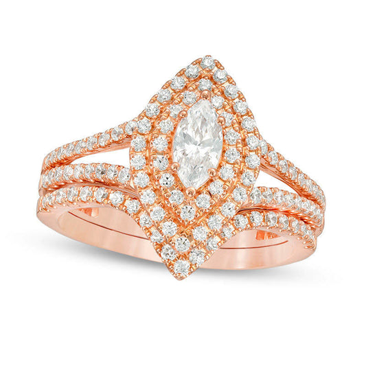 1.0 CT. T.W. Certified Marquise Natural Diamond Double Frame Bridal Engagement Ring Set in Solid 14K Rose Gold (I/I1)