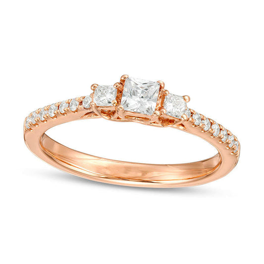 0.50 CT. T.W. Certified Princess-Cut Natural Diamond Three Stone Engagement Ring in Solid 14K Rose Gold (I/I1)