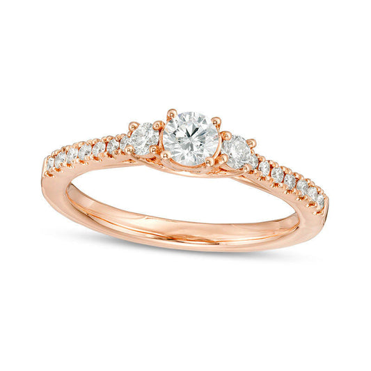 0.50 CT. T.W. Certified Natural Diamond Three Stone Engagement Ring in Solid 14K Rose Gold (I/I1)