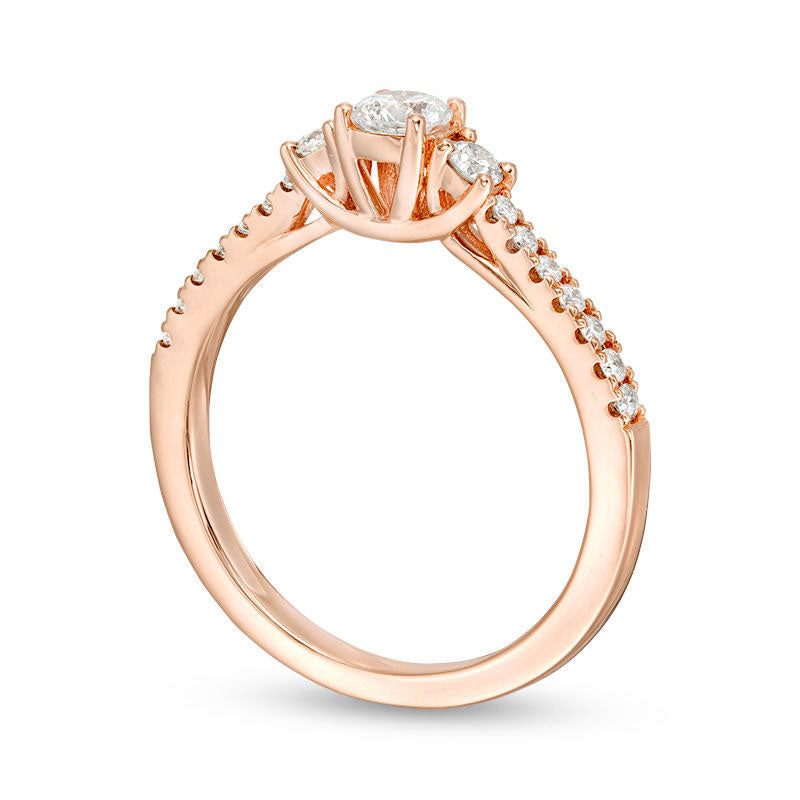 0.50 CT. T.W. Certified Natural Diamond Three Stone Engagement Ring in Solid 14K Rose Gold (I/I1)