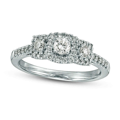 0.50 CT. T.W. Certified Natural Diamond Three Stone Cushion Frame Engagement Ring in Solid 14K White Gold (I/I1)