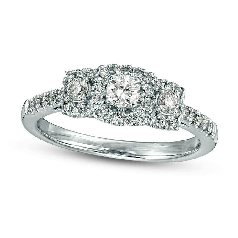 0.50 CT. T.W. Certified Natural Diamond Three Stone Cushion Frame Engagement Ring in Solid 14K White Gold (I/I1)