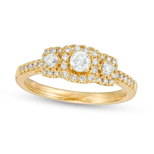 0.50 CT. T.W. Certified Natural Diamond Three Stone Cushion Frame Engagement Ring in Solid 14K Gold (I/I1)