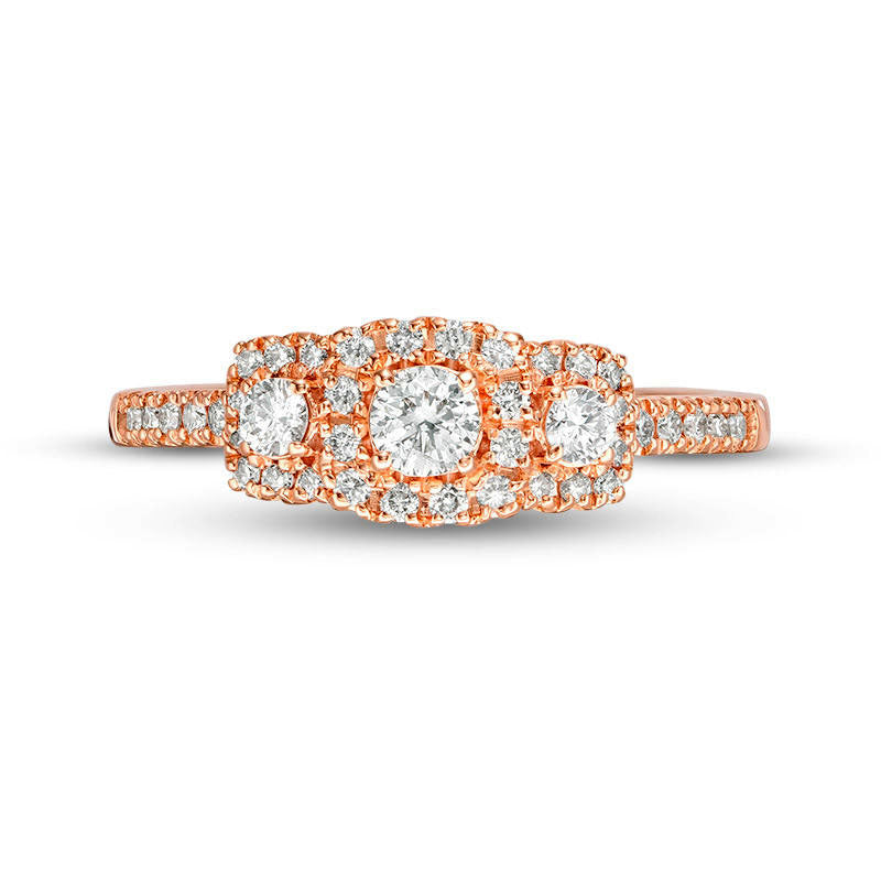 0.50 CT. T.W. Certified Natural Diamond Three Stone Cushion Frame Engagement Ring in Solid 14K Rose Gold (I/I1)