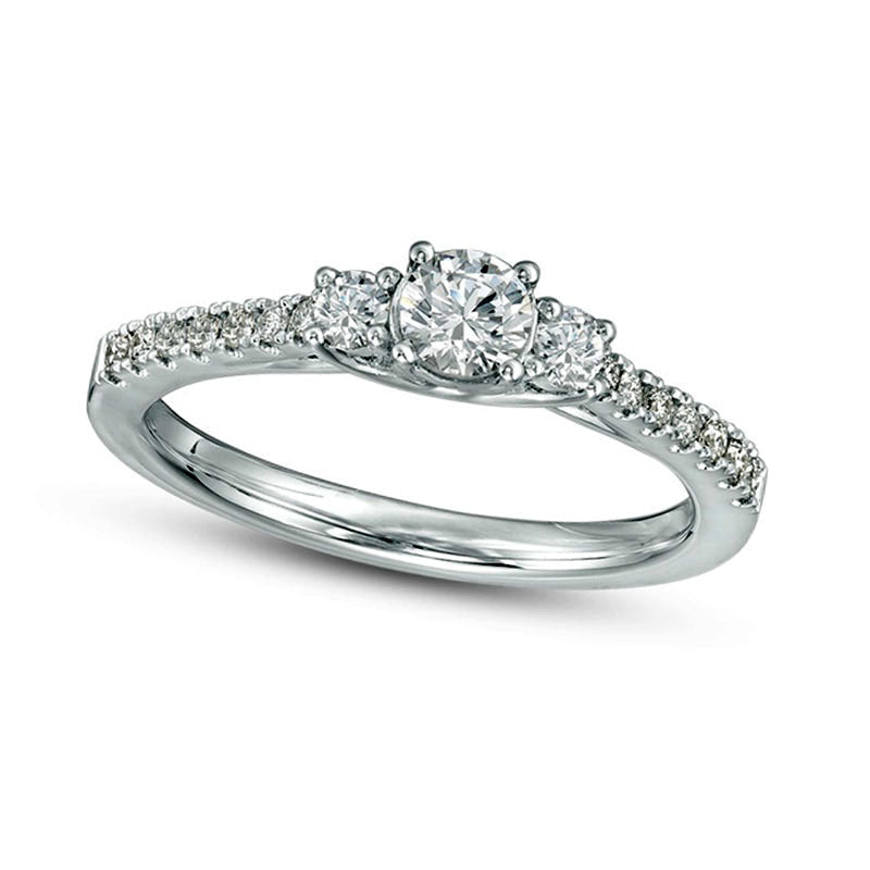 0.50 CT. T.W. Certified Natural Diamond Three Stone Engagement Ring in Solid 14K White Gold (I/I1)