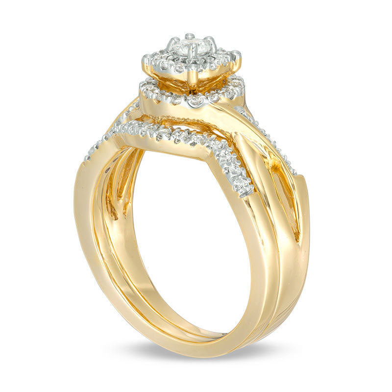 0.50 CT. T.W. Natural Diamond Double Frame Twist Bridal Engagement Ring Set in Solid 10K Yellow Gold