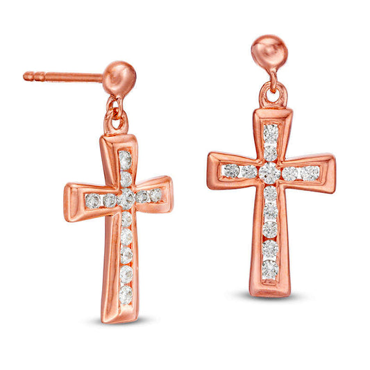 0.33 CT. T.W. Diamond Channel-Set Cross Drop Earrings in 14K Rose Gold