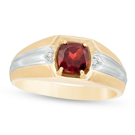 Men's 6.0mm Cushion-Cut Garnet and Natural Diamond Accent Multi-Finish Ring in Solid 10K Two-Tone Gold