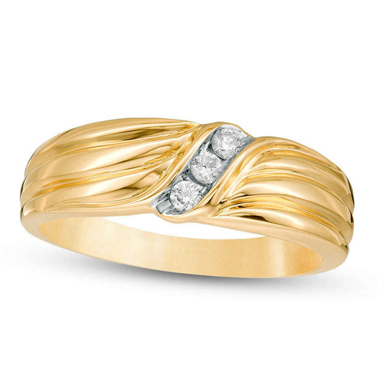 Men's 0.13 CT. T.W. Natural Diamond Three Stone Slant Ribbed Shank Ring in Solid 10K Yellow Gold